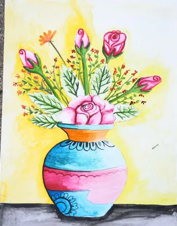 Pink roses in a striped pink and blue vase on a yellow ground