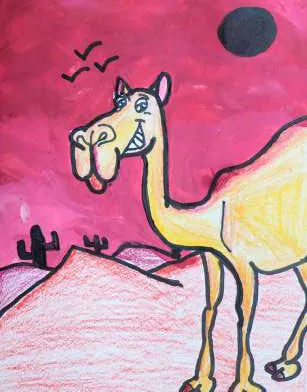 A grinning camel on pink dunes beneath a black sun