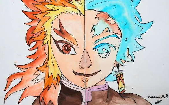 An anime face split between fiery orange and icy blue hair