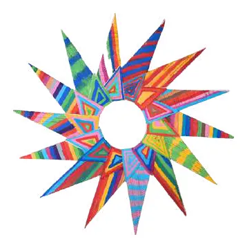 A star of many coloured striped points around a white centre