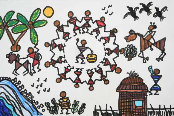 Warli-style figures dancing in a ring among trees, birds and a hut