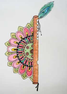 Half a flower mandala beside a flute and peacock feather
