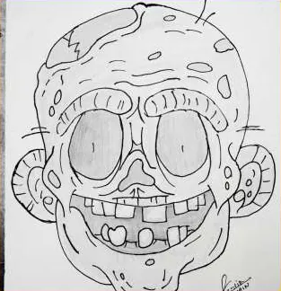 A grinning cartoon skull in black outline