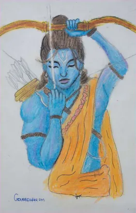 Lord Rama in blue drawing his bow