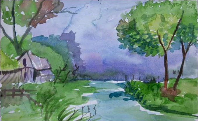 A stream through green fields and trees under a violet sky