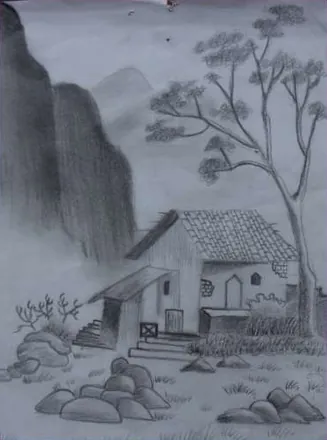 A cottage beneath misty hills and trees, in grey