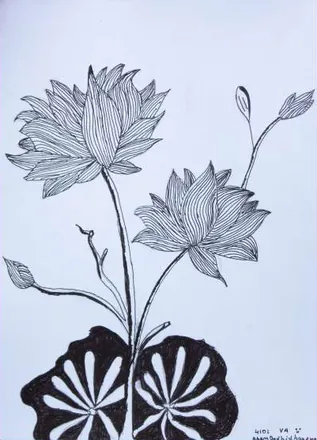 Lotuses above a patterned leaf, in black ink