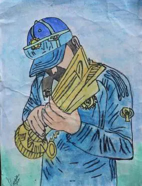 A cricketer in a blue cap and visor holding a golden trophy