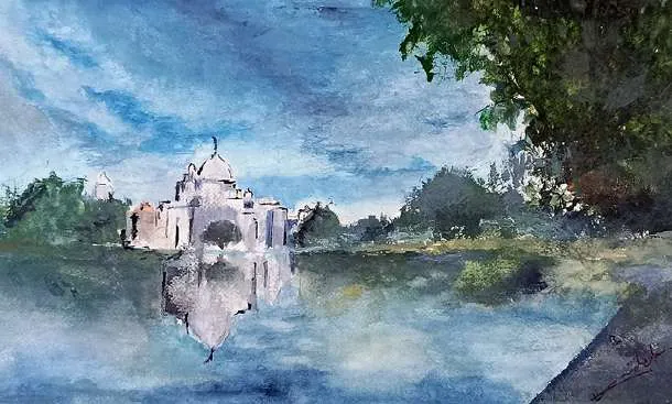 A white domed building reflected in a still blue lake, in watercolour