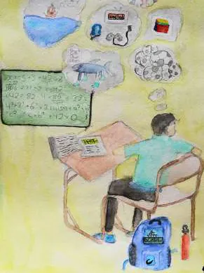 A student at a desk dreaming of the things around him in thought bubbles
