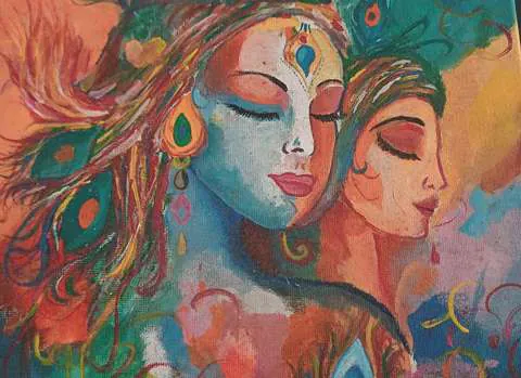 Radha and Krishna, faces close, in rich colours