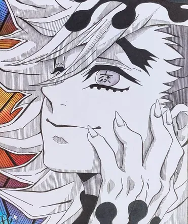 An anime face with white hair, a hand at the cheek, in fine black line