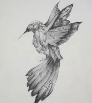 A hummingbird in flight, in grey