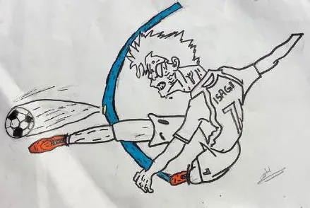 A footballer volleying a ball, in black line with blue