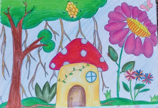 A mushroom house beneath a tree and tall pink flowers
