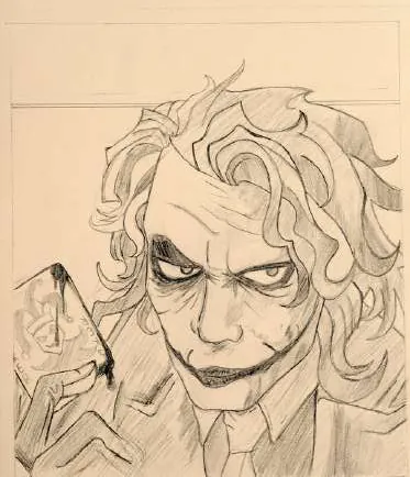 The Joker in sketchy black line on cream paper