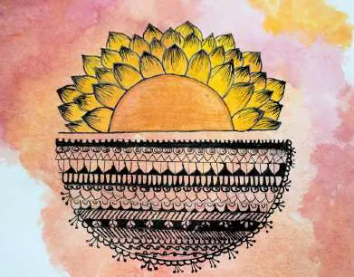A patterned bowl with the sun rising from it in yellow petals, on a pink wash