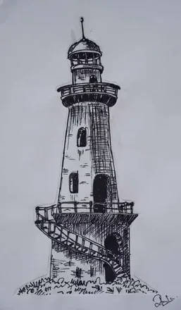 A lighthouse with a spiral stair, in fine black ink