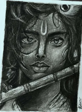 Krishna's face with a flute, in charcoal