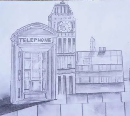 A telephone box before a clock tower and buildings, in pencil