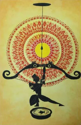 A silhouetted archer drawing a bow beneath a red and gold mandala, a fish in a dish at his feet