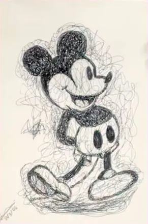 Mickey Mouse drawn in a tangle of fine pencil lines