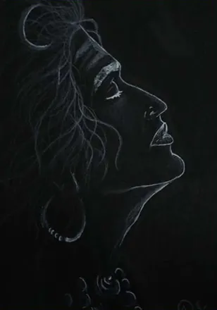A woman’s profile drawn in white line on black paper