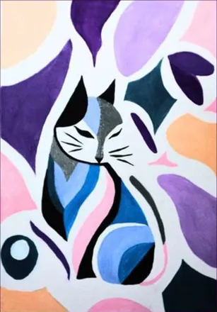 A cat in blue, pink and black shapes against purple, peach and white blots, painted