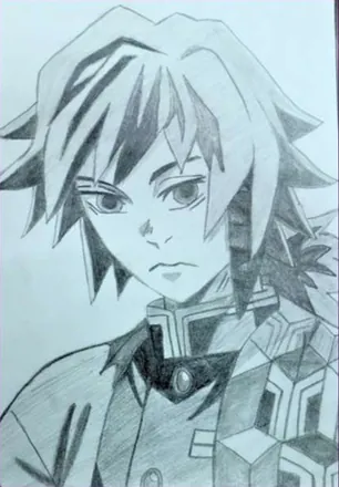A young man with spiky hair in a high-collared jacket, drawn in pencil