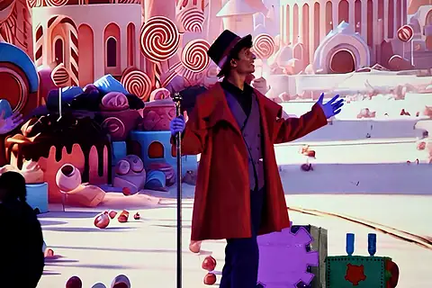 An actor in a red coat and top hat, arm out, before a pink candy-land backdrop