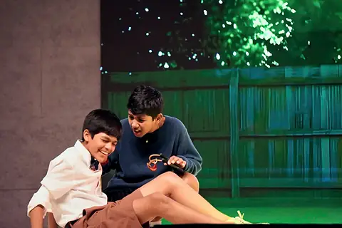 Two boys talking on a lawn before a wooden fence