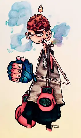 A cartoon figure with a flame of hair, boxing gloves slung over one shoulder
The Crossroads, Issue 01 · August 2022