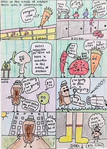 A comic strip of vegetables solving a mystery in a kitchen, in speech bubbles and coloured panels
The Crossroads, Issue 02 · September edition