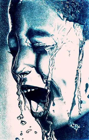 A face in deep blue, eyes shut and mouth open, with water streaming over it
The Crossroads, Issue 02 · September edition