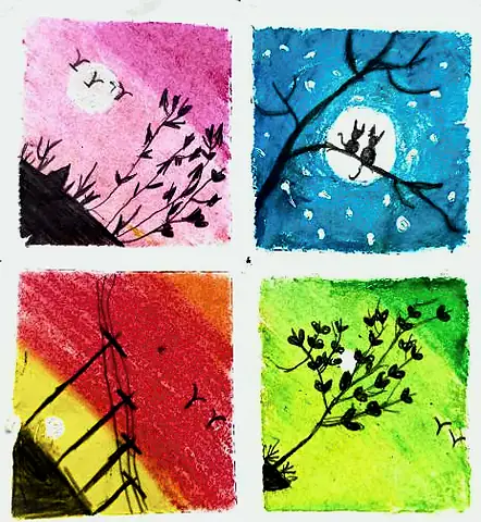 Four small squares: moonlit branches and silhouettes in pink, blue, red and green
The Crossroads, Issue 02 · September edition