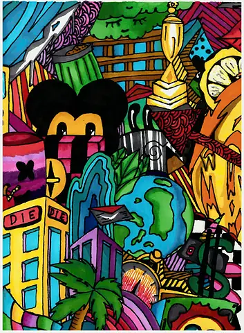 A crowded doodle of buildings, a globe, a trophy and cartoon shapes in bright colours
The Crossroads, Issue 03 · Anand Utsav issue