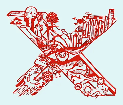 A large red X filled with tiny drawings of buildings, gears and faces
The Crossroads, Issue 04 · November–December 2022
