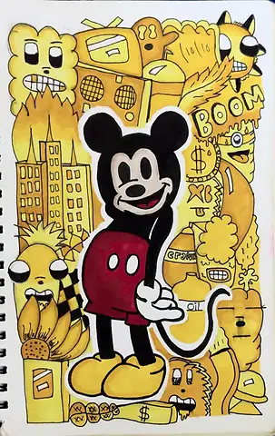 Mickey Mouse standing among a dense yellow doodle of faces and objects
The Crossroads, Issue 04 · November–December 2022