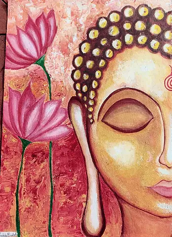 The Buddha's face with closed eyes, beside pink lotuses on a glowing orange ground
The Crossroads, Issue 04 · November–December 2022