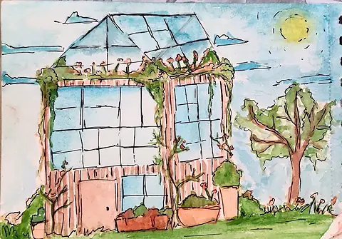 A glass house overgrown with vines, a tree and a yellow sun beside it
The Crossroads, Issue 04 · November–December 2022