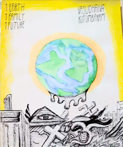 The earth held above a broken city, with the words "1 Earth 1 Family 1 Future" and "Vasudhaiva Kutumbakam"