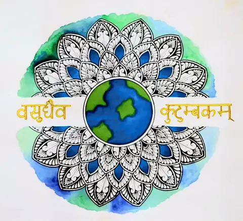 A patterned mandala around the globe, with "Vasudhaiva Kutumbakam" in Devanagari