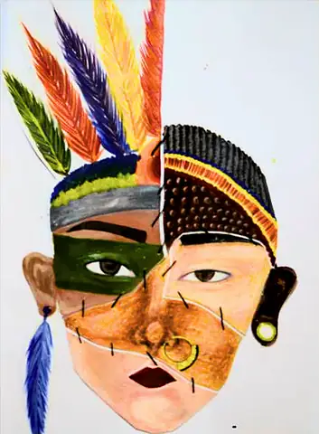 A face painted half in one tradition and half in another, with a feathered headdress