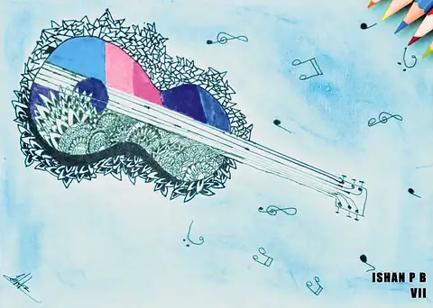 A guitar made of patterns and colour blocks, with musical notes around it
The Crossroads, Issue 08 · May 2023