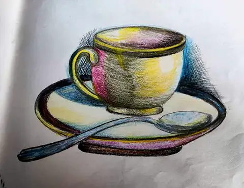 A teacup and saucer with a spoon, in soft pinks, yellows and blues
The Crossroads, Issue 09 · July 2023