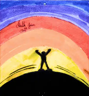 A small figure with raised arms on a hill beneath a rainbow
The Crossroads, Issue 10 · August 2023