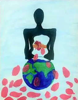 A dark figure standing on the globe amid falling red petals
The Crossroads, Issue 10 · August 2023