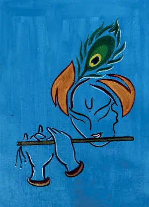 Krishna's profile in a few lines, with a peacock feather and flute, on blue
The Crossroads, Issue 11 · September 2023