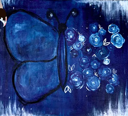 A deep blue butterfly beside a cluster of blue roses
The Crossroads, Issue 11 · September 2023