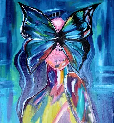 A woman's face behind a large butterfly, in streaks of blue, pink and yellow
The Crossroads, Issue 11 · September 2023